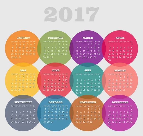 Ημερολογιακού έτους 2017 με χρωματιστά κύκλο — Διανυσματικό Αρχείο