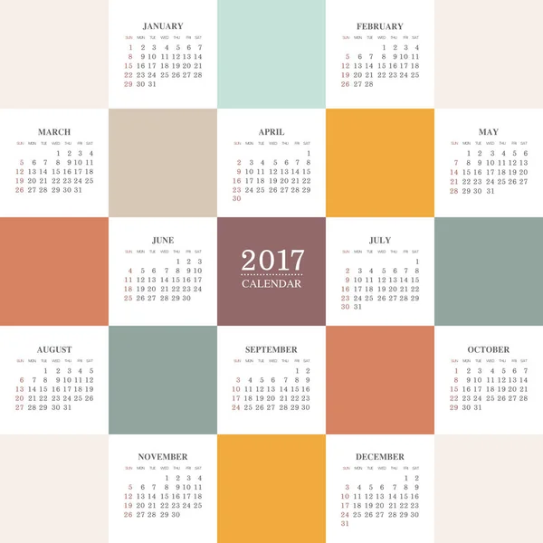 Διάνυσμα 2017 ημερολογιακό έτος. Ημέρα έναρξης της εβδομάδας Κυριακή — Διανυσματικό Αρχείο