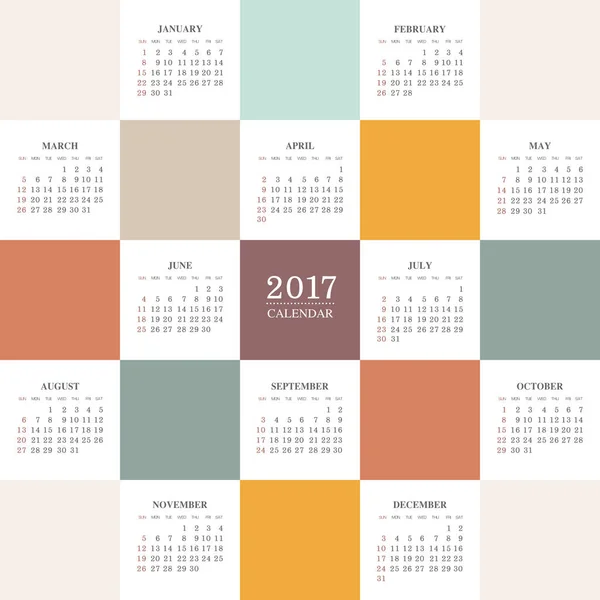 Calendario vectorial 2017 año. Semana comienza el domingo — Vector de stock