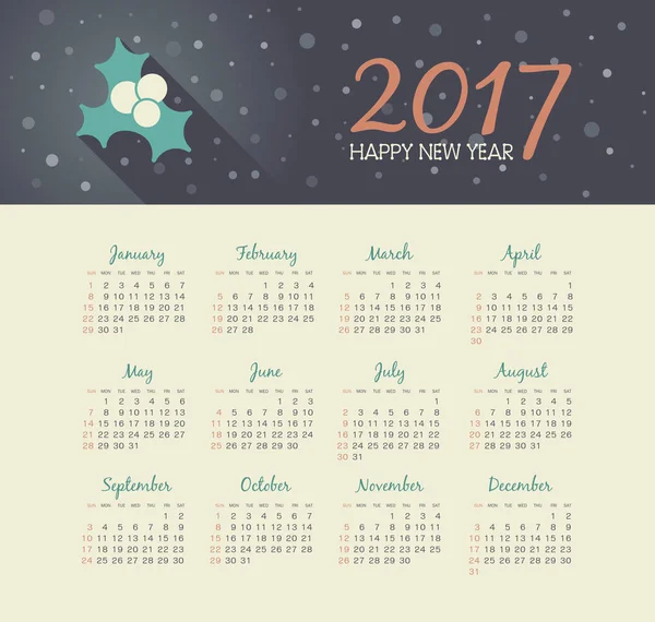Vektorkalender 2017 Jahr mit Weihnachtsmistel — Stockvektor