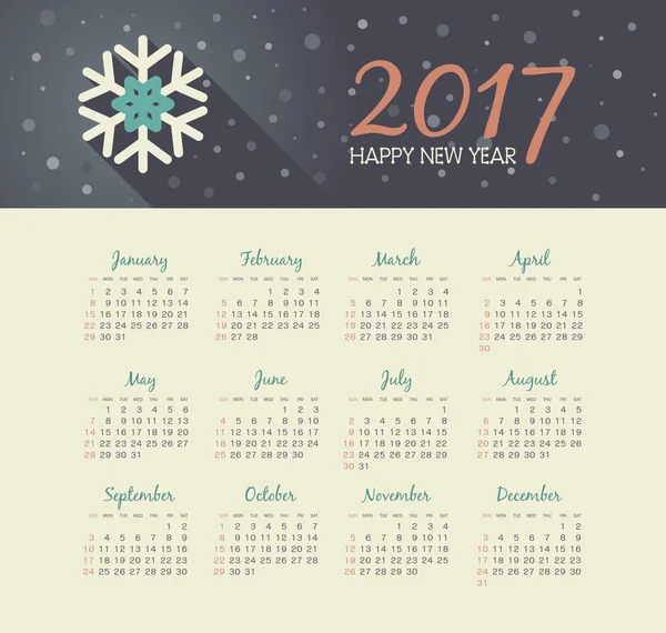 Vektorkalender 2017 Jahr mit Weihnachten Schneeflocke — Stockvektor