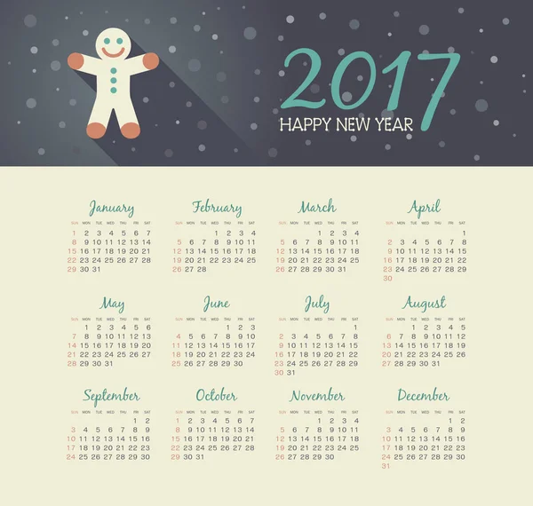 Kalender 2017 Jahr mit Weihnachten Lebkuchen Mann — Stockvektor