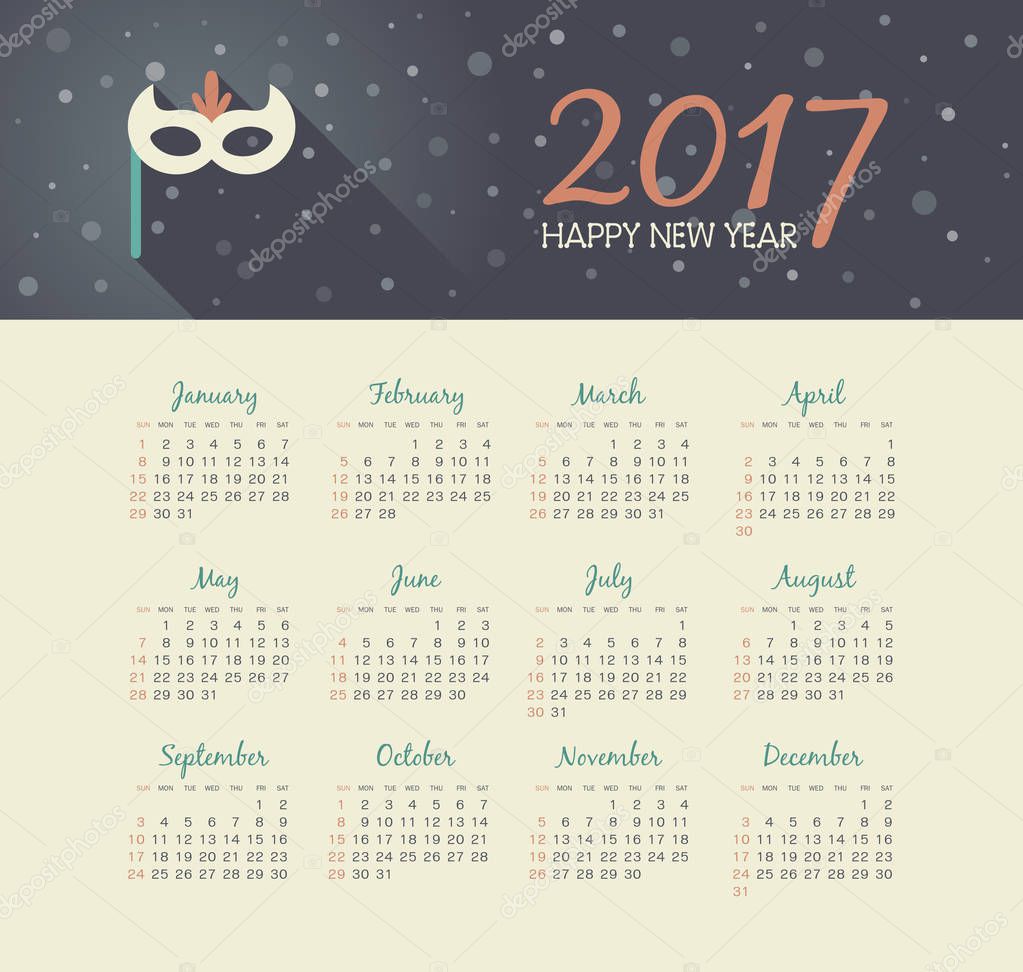 Calendar 2017 year with christmas festive mask