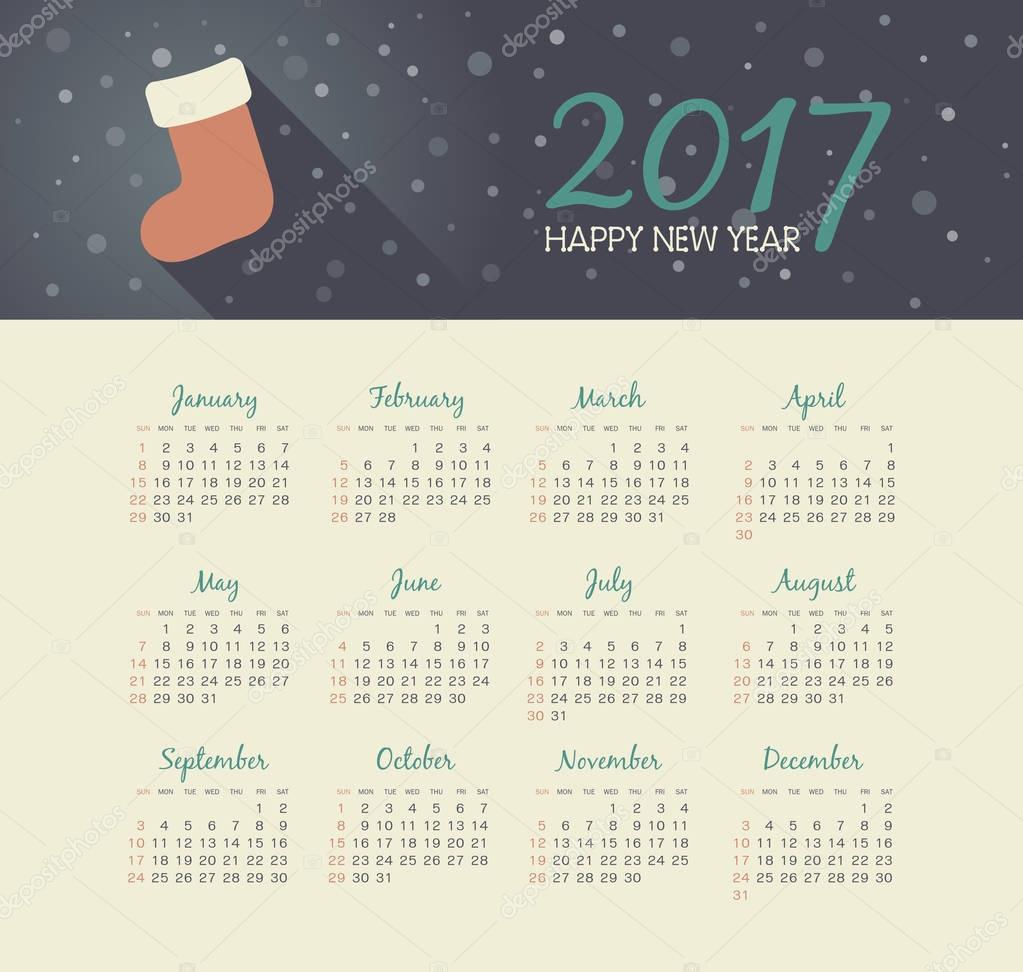 Vector Calendar 2017 year with christmas sock