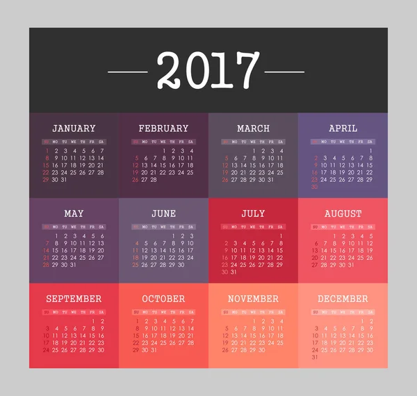 Calendario vectorial 2017 año. Semana comienza el domingo — Archivo Imágenes Vectoriales