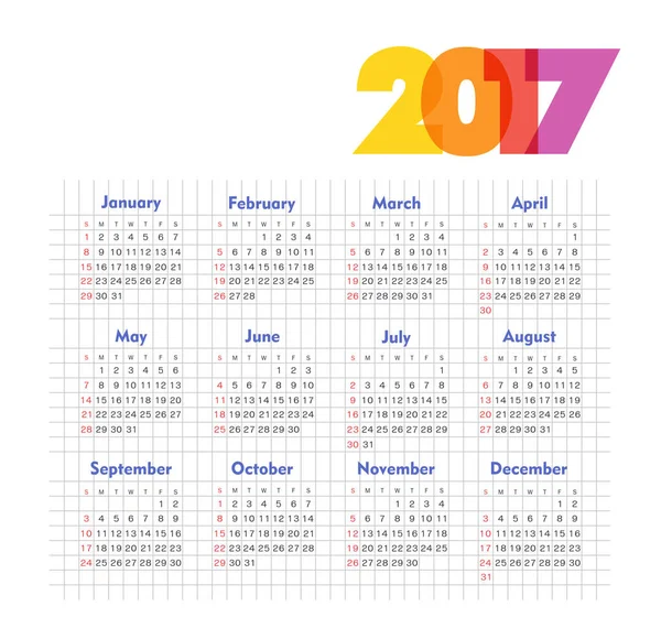 Векторный календарь 2017 г. Неделя начинается в воскресенье — стоковый вектор