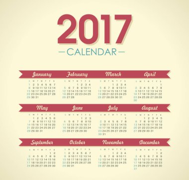 Vektör takvim 2017 yıl. Hafta başlar Pazar