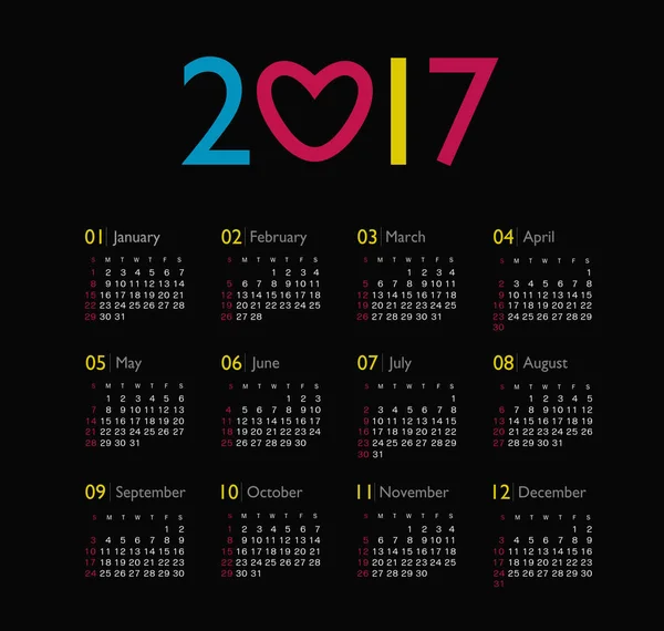 Векторный календарь 2017 г. Неделя начинается в воскресенье — стоковый вектор