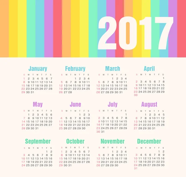Διάνυσμα 2017 ημερολογιακό έτος. Ημέρα έναρξης της εβδομάδας Κυριακή — Διανυσματικό Αρχείο