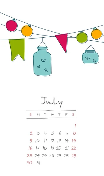 Kalender 2017 maanden juli. Week begint zondag — Stockvector