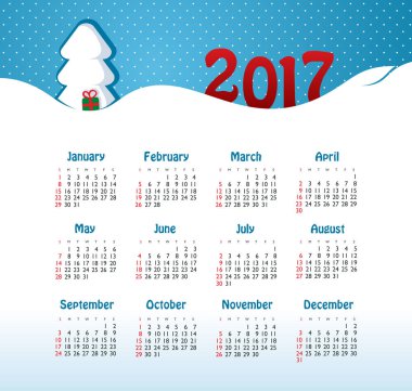 Vektör takvim 2017 yıl. Hafta başlar Pazar