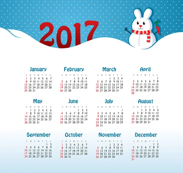 Calendario vectorial 2017 año. Semana comienza el domingo — Vector de stock