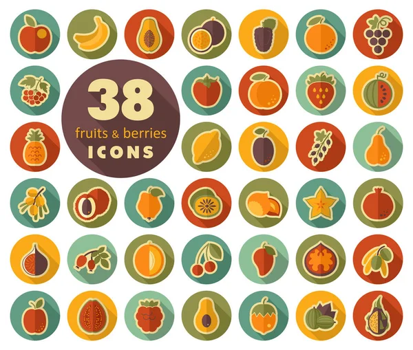 Conjunto de frutas y bayas iconos planos — Vector de stock
