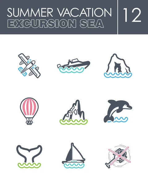 Conjunto de ícones do mar de excursão. Verão. Férias — Vetor de Stock