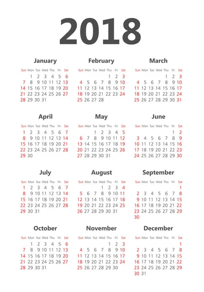 Poche vectorielle 2018 année calendrier — Image vectorielle