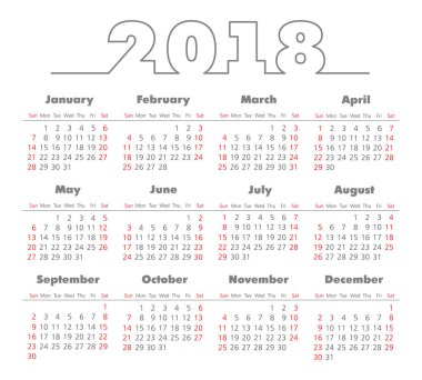 Vektör basit 2018 yılı takvimi