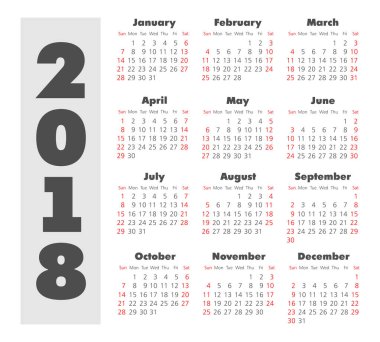 Vektör basit 2018 yılı takvimi