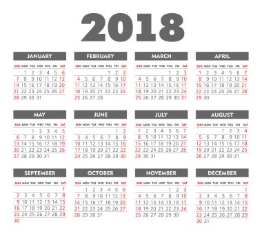 Vektör basit 2018 yılı takvimi