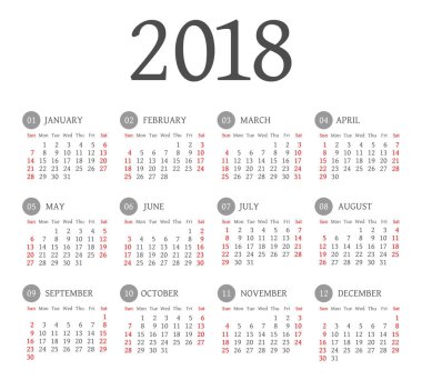 Vektör basit 2018 yılı takvimi