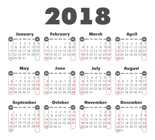 Vector Simples 2018 ano calendário — Vetor de Stock