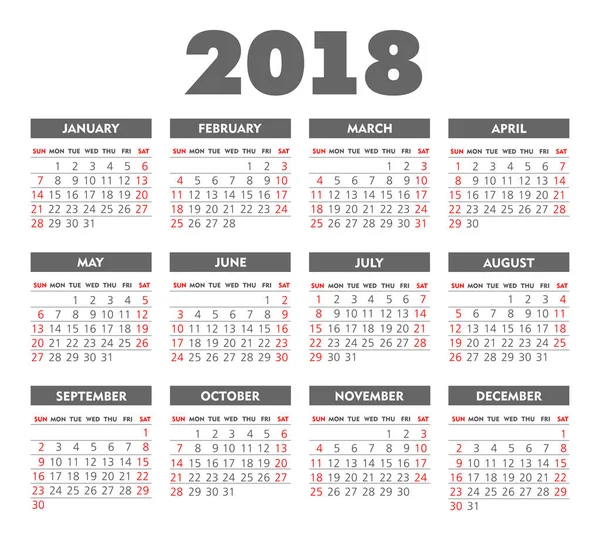 Vector Simple 2018 année calendrier — Image vectorielle