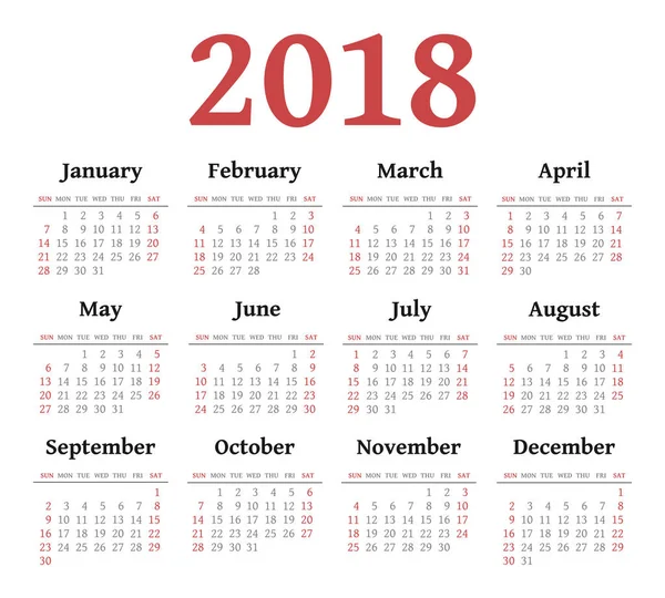 Wektor proste 2018 rok kalendarzowy — Wektor stockowy