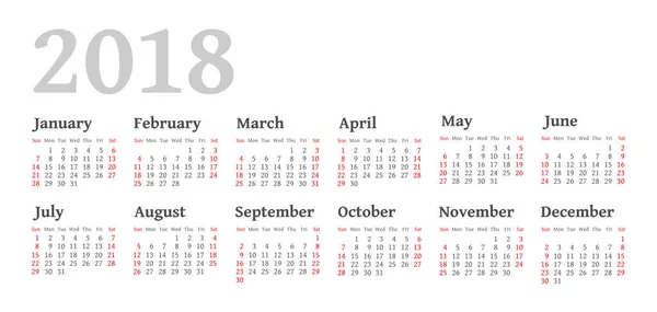 Ημερολόγιο έτους 2018 απλό διάνυσμα — Διανυσματικό Αρχείο