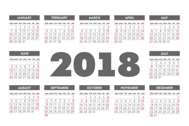 Vektör basit 2018 yılı takvimi