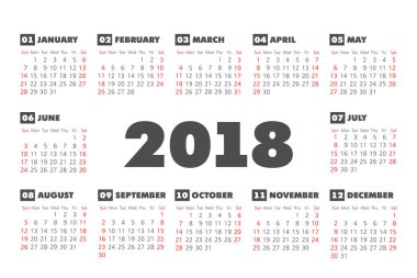 Vektör basit 2018 yılı takvimi