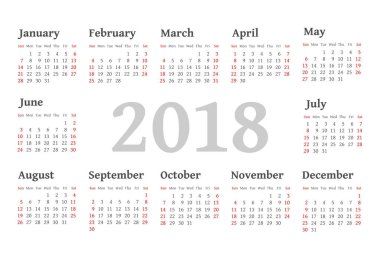 Vektör basit 2018 yılı takvimi