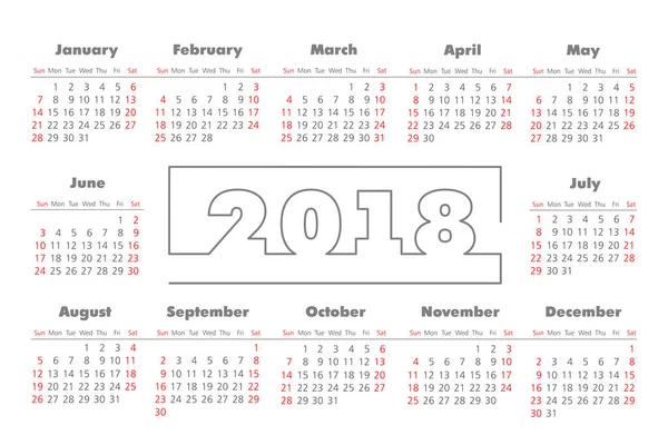 Wektor proste 2018 rok kalendarzowy — Wektor stockowy