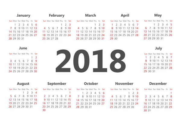 Ημερολόγιο έτους 2018 απλό διάνυσμα — Διανυσματικό Αρχείο