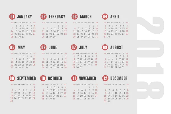 ベクトル簡単な 2018 年のカレンダー — ストックベクタ