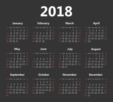 Vektör basit 2018 yıl koyu arka planı takvim