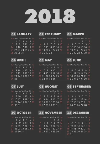 Bolsillo vectorial 2018 año calendario de fondo oscuro — Vector de stock