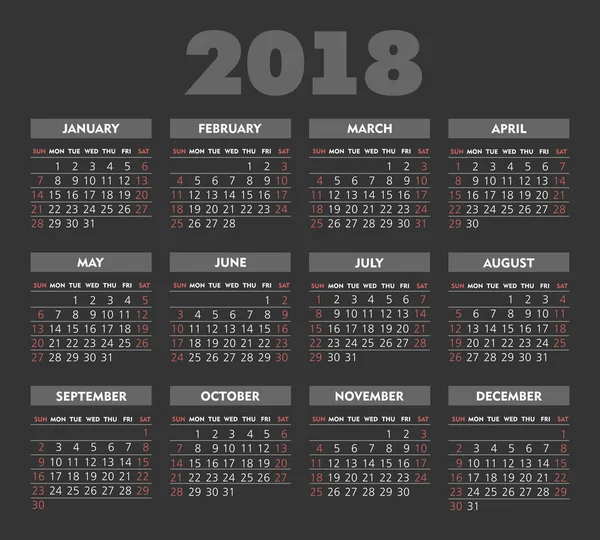 Vector Simple 2018 année fond sombre calendrier — Image vectorielle