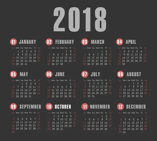 Vektor einfach 2018 Jahr dunklen Hintergrund Kalender — Stockvektor