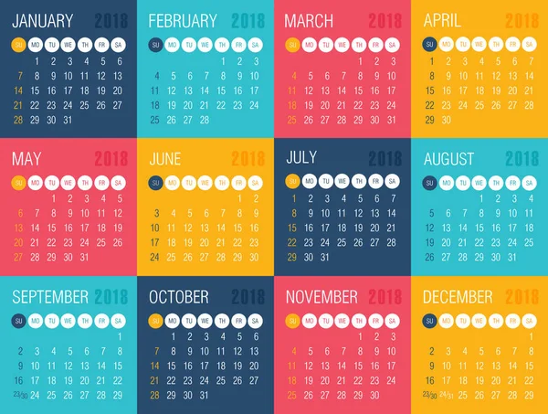 Kalender 2018 Jahr. Woche beginnt am Sonntag — Stockvektor