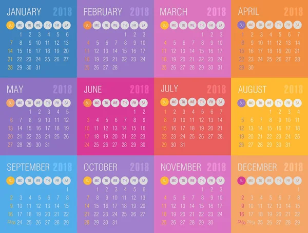 Kalender 2018 Jahr. Woche beginnt am Sonntag — Stockvektor