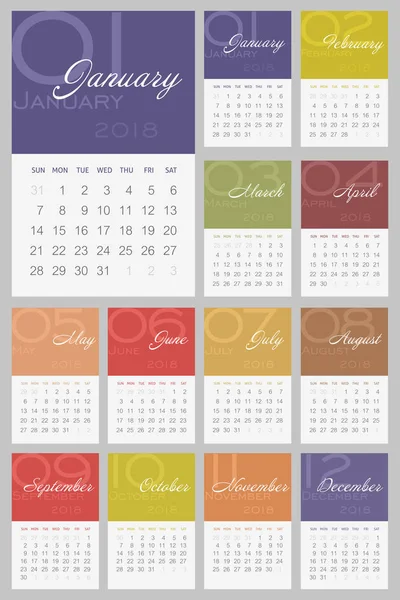 Calendario 2018 anno. Settimana a partire da Domenica — Vettoriale Stock