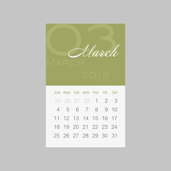 Calendrier 2018 mois mars. La semaine commence dimanche — Image vectorielle