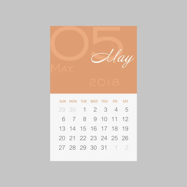 Calendrier 2018 mois mai. La semaine commence dimanche — Image vectorielle