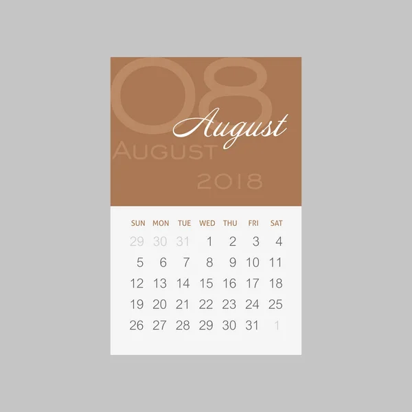 Kalender 2018 Monate August. Woche beginnt am Sonntag — Stockvektor