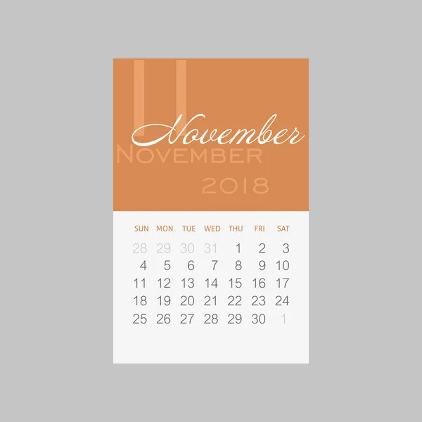Ημερολόγιο 2018 μήνες Νοέμβριο. Εβδομάδα ξεκινά την Κυριακή — Διανυσματικό Αρχείο