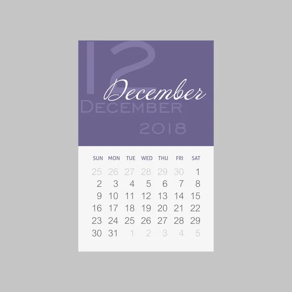 Calendrier 2018 mois décembre. La semaine commence dimanche — Image vectorielle