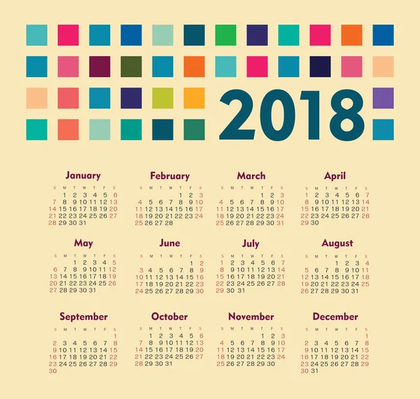 Calendrier 2018 année. Semaine commence à partir de dimanche — Image vectorielle