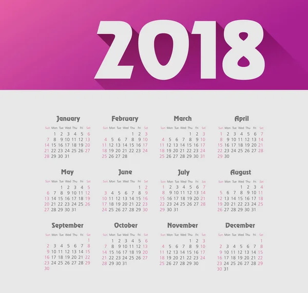 Calendrier 2018 année. Semaine commence à partir de dimanche — Image vectorielle