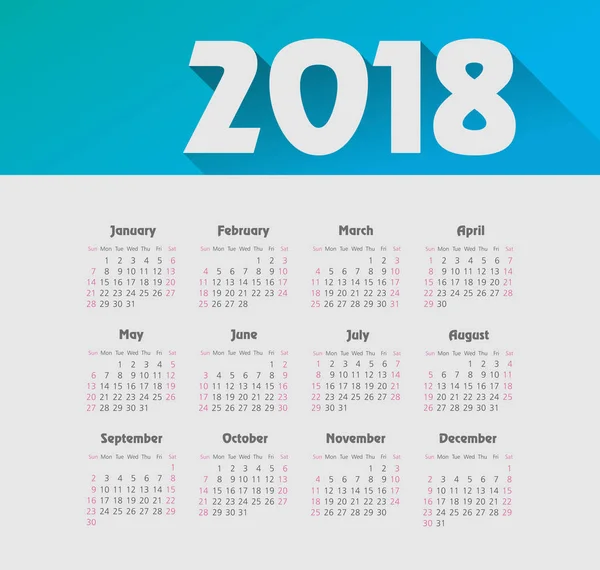 Calendario 2018 año. La semana comienza el domingo — Archivo Imágenes Vectoriales