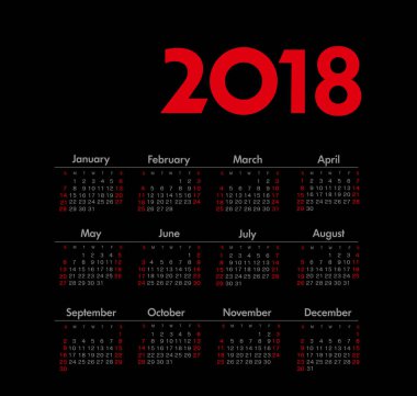 Takvim 2018 yıl. Pazar hafta başlıyor