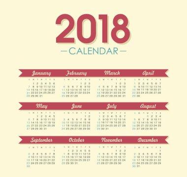 Takvim 2018 yıl. Pazar hafta başlıyor